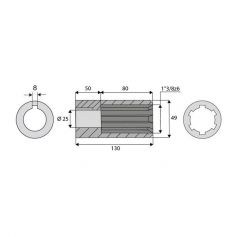 Douille cannelée de longueur 130 en 1pouce 3/8z6